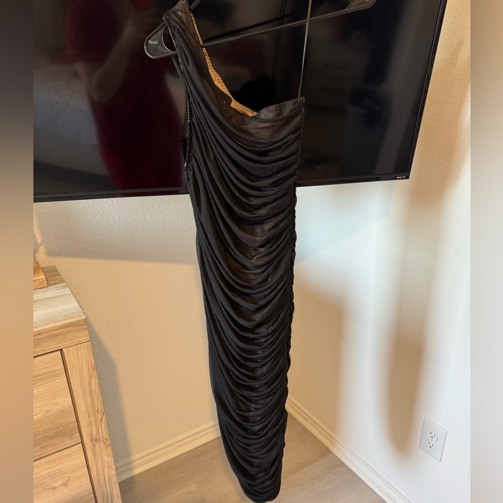 Sheer Black with Tan Bodice One Shoulder Dress